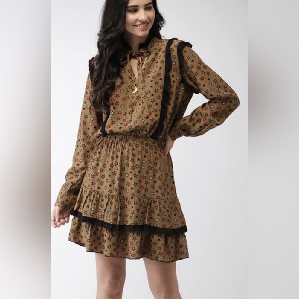 Scotch & Soda Mini Prairie Dress Modest Celestial print in brown & black size XS